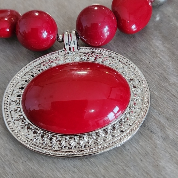 Radiant Red Beaded Statement Necklace with Silver Accents and Large Pendant - Picture 2 of 8